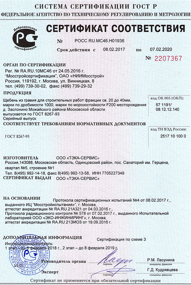 Карьер Заслонино сертификат