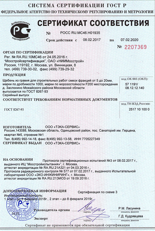 Карьер Заслонино сертификат