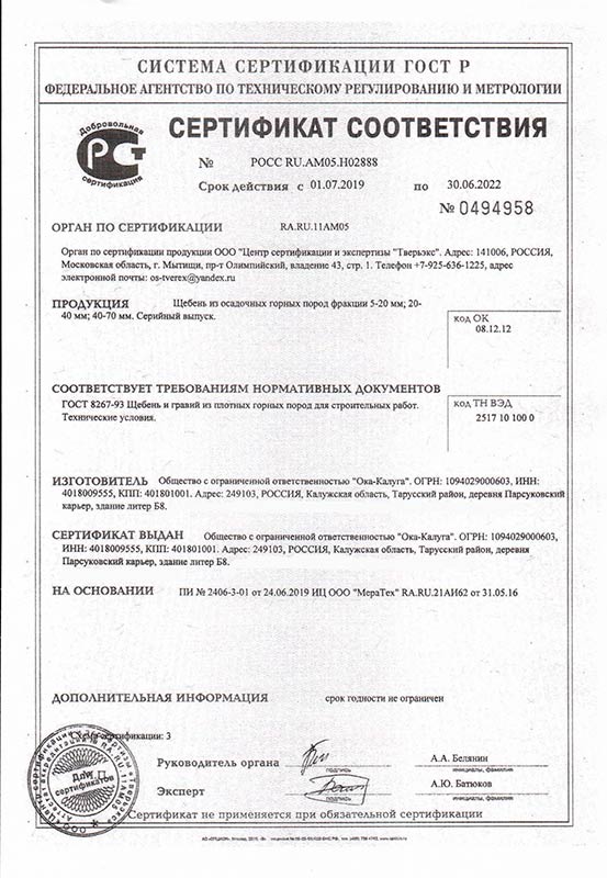 Карьер Парсуковский паспорт качества